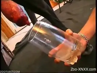 Brunette sluts with tats sharing fresh dog jizz