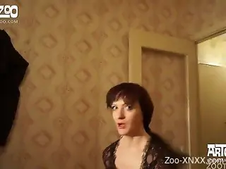 Redhead maid orally pleases her trained dog