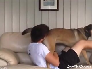Clothed gay dude filmed trying the dog's cock in his mouth