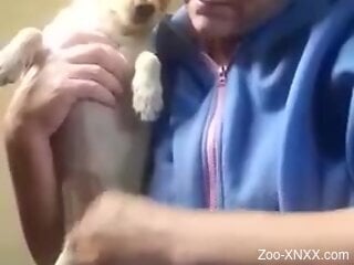 Chubby mature gets busy sucking her little dog's cock