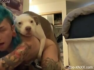 Inked cam slut doggy fucked by her dog and soaked in jizz