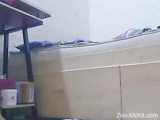 Slender slut filmed at home throating her dog's cock